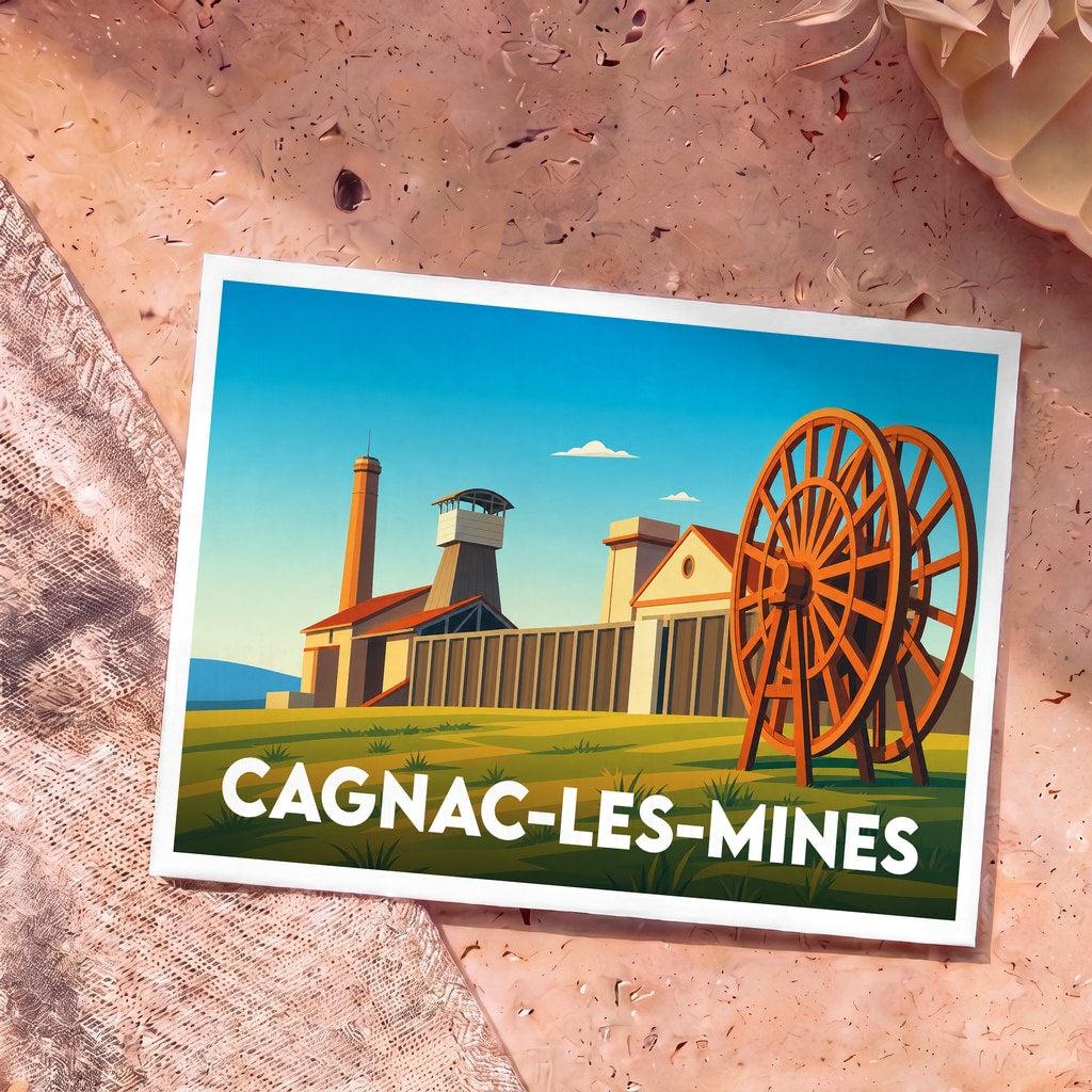 Carte postale souvenir de la ville de Cagnac-les-Mines avec une illustration stylisée de son patrimoine minier.