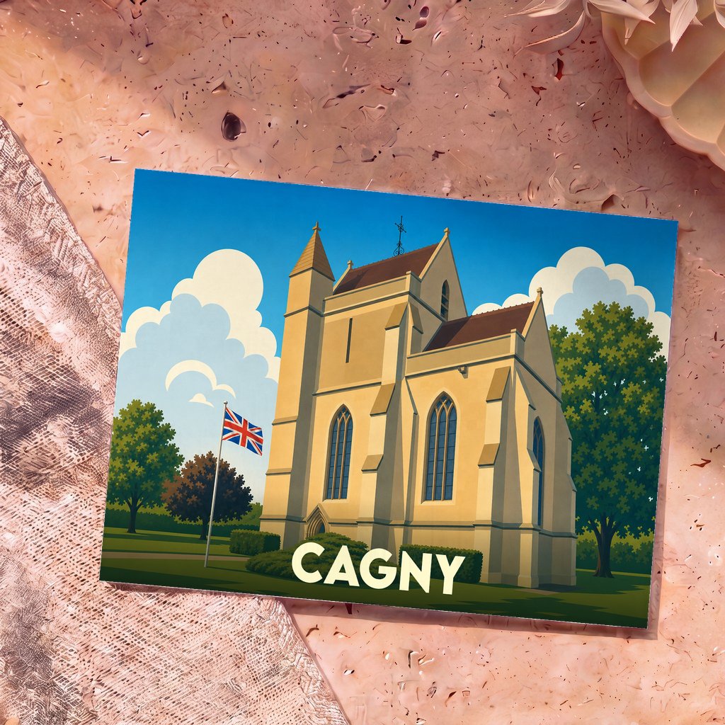 Carte postale souvenir de la ville de Cagny illustrant son église avec un style graphique épuré.