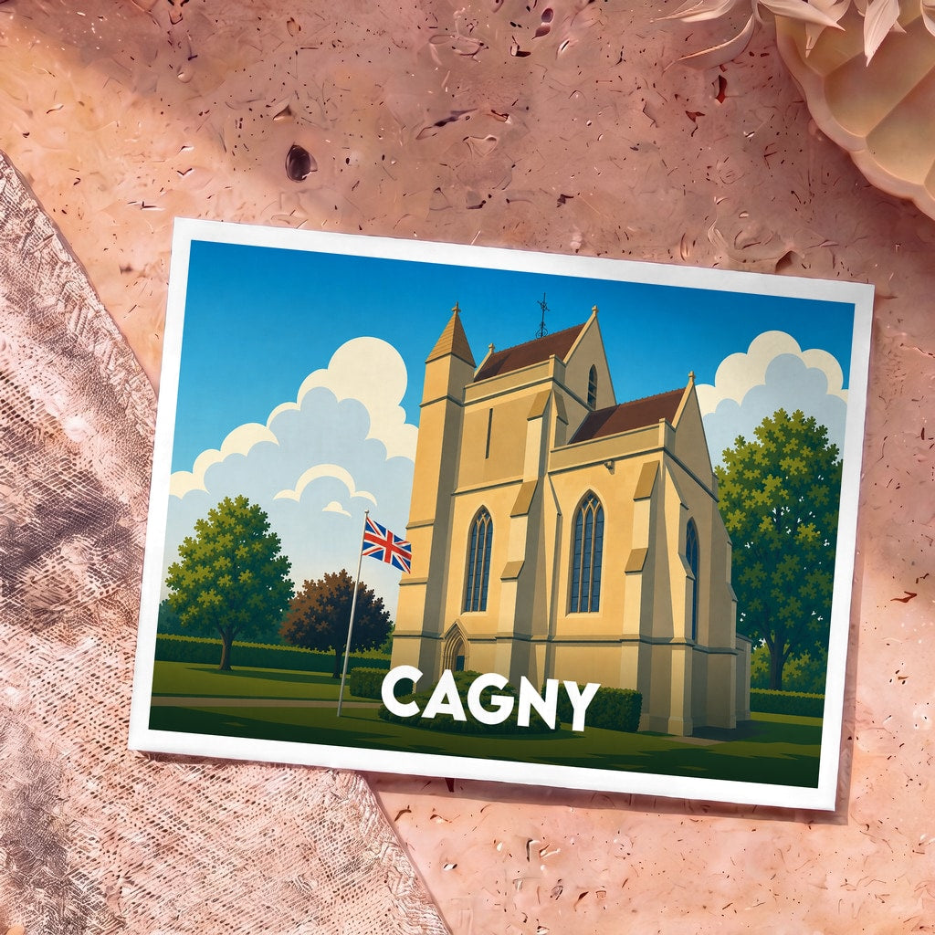 Carte postale souvenir de la ville de Cagny illustrant son église avec un style graphique épuré.