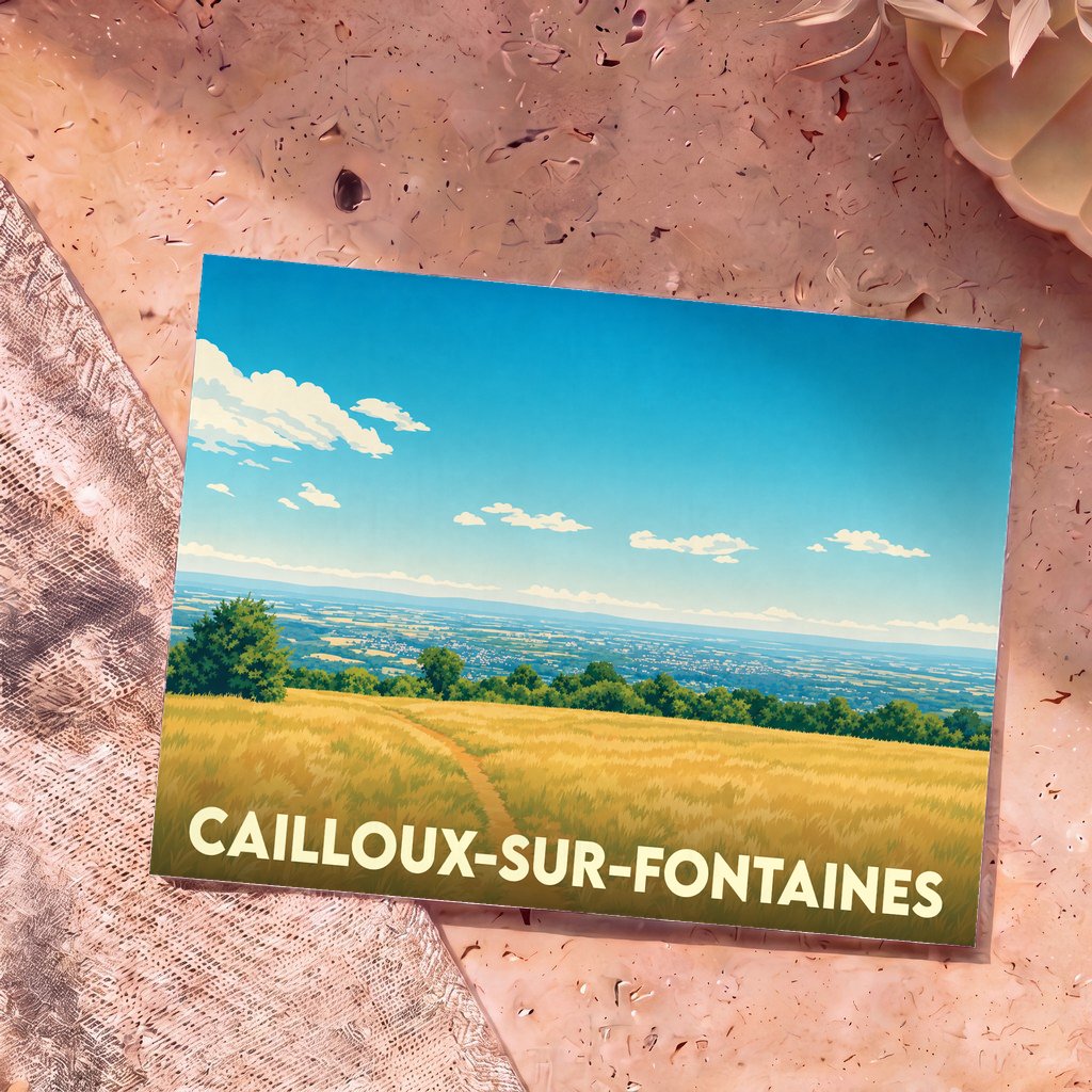 Carte postale souvenir de la ville de Cailloux-sur-Fontaines avec une illustration stylisée d'un paysage champêtre.