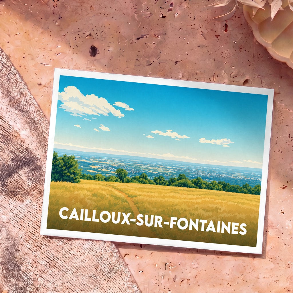 Carte postale souvenir de la ville de Cailloux-sur-Fontaines avec une illustration stylisée d'un paysage champêtre.