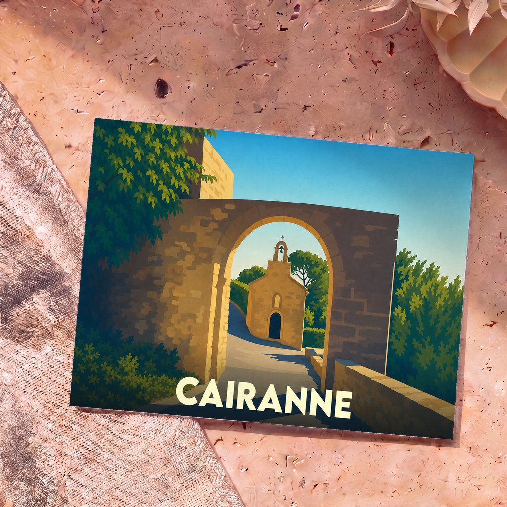 Carte postale souvenir de la ville de Cairanne avec une illustration stylisée d'une arche en pierre ouvrant sur une chapelle provençale.