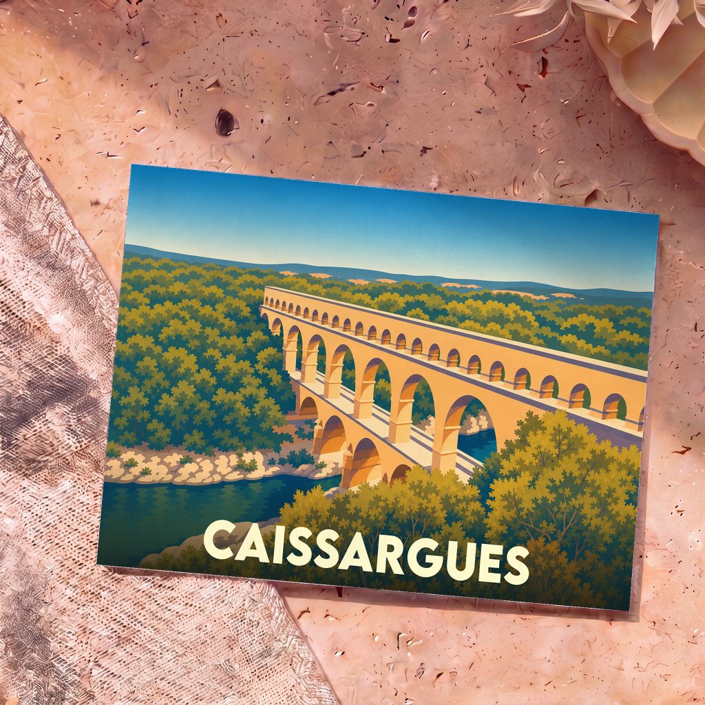 Carte postale souvenir de la ville de Caissargues illustrant le Pont du Gard dans un style graphique épuré.