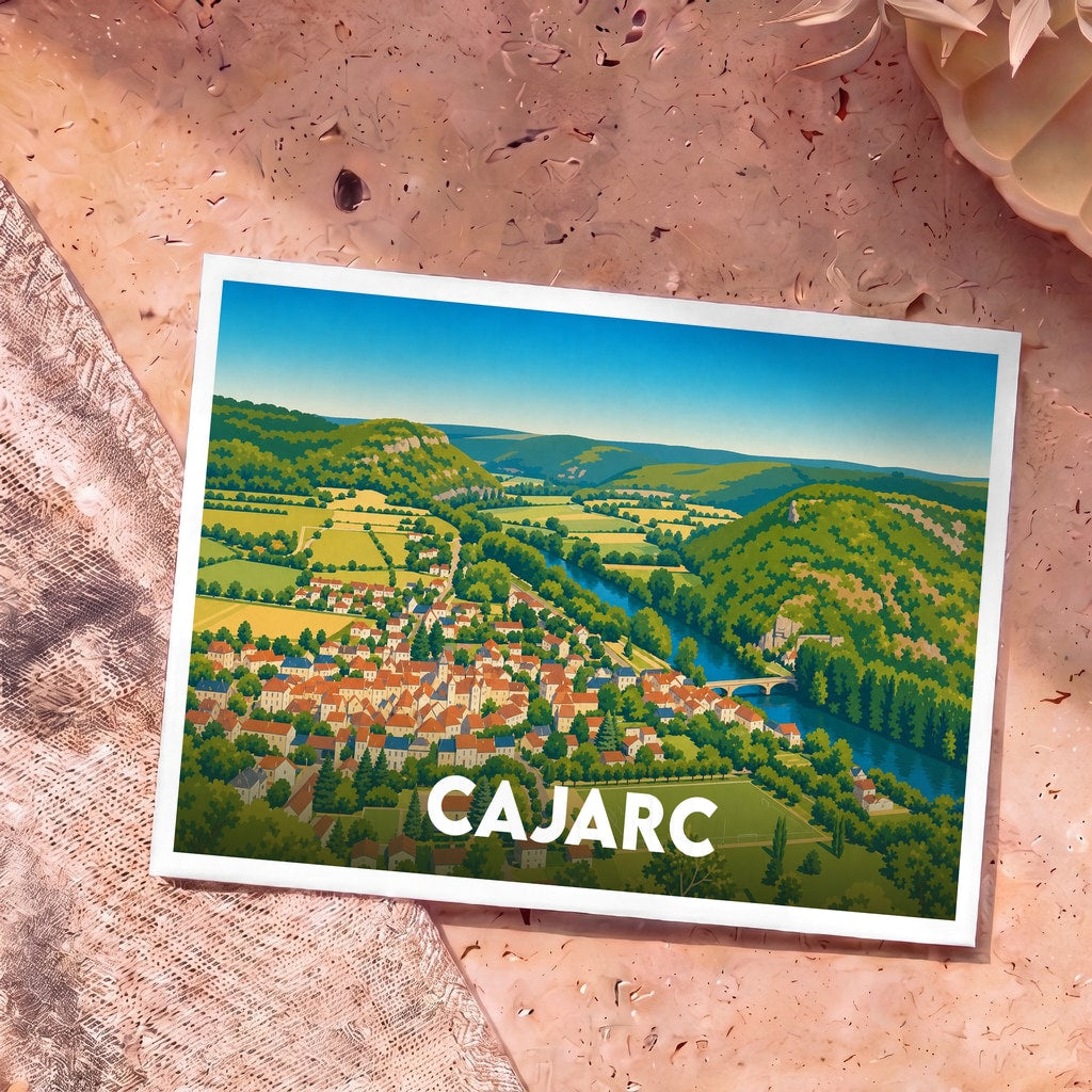 Carte postale souvenir de la ville de Cajarc avec une illustration panoramique stylisée de la vallée du Lot.