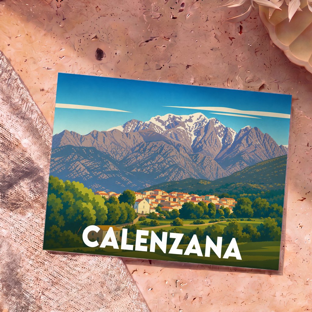 Carte postale souvenir de la ville de Calenzana avec une illustration stylisée d'un village corse au pied des montagnes.
