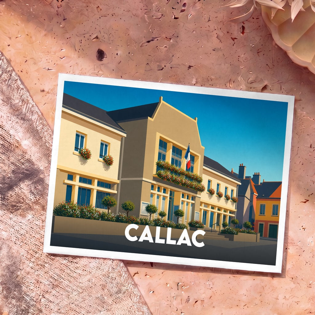Carte postale souvenir de la ville de Callac illustrant la mairie avec un style graphique épuré.