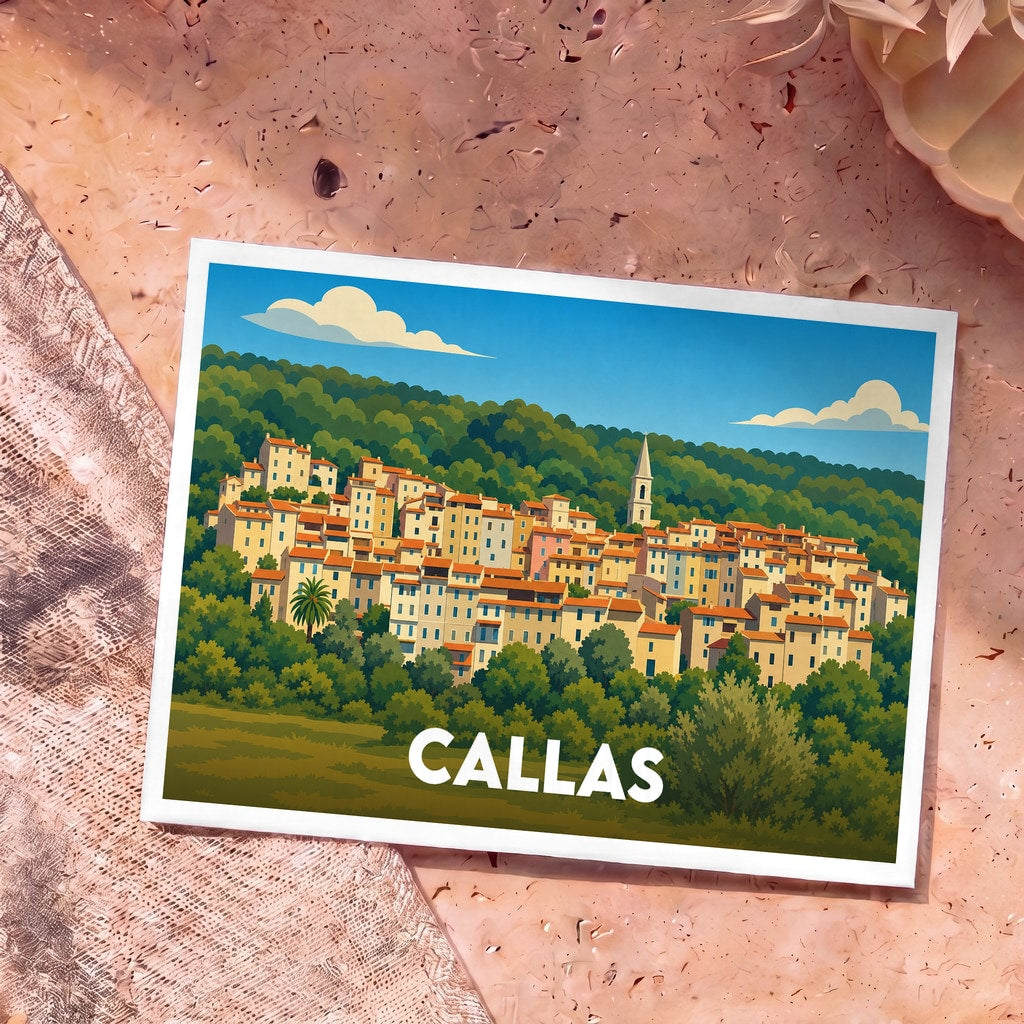 Carte postale souvenir de la ville de Callas avec une illustration stylisée d'un village perché.