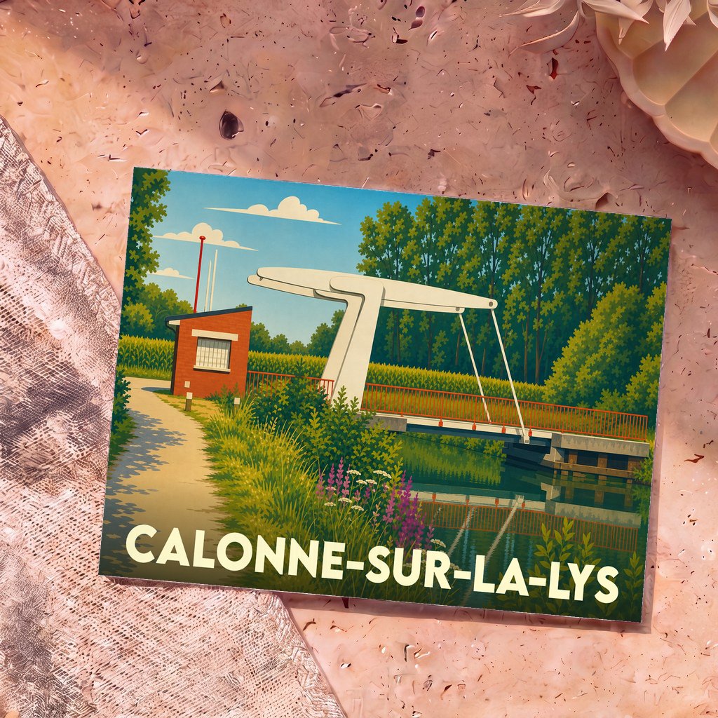 Carte postale souvenir de la ville de Calonne-sur-la-Lys avec une illustration stylisée de son pont-levis.