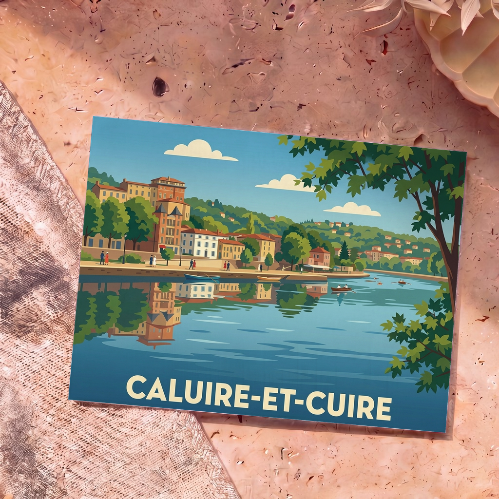 Carte postale souvenir de la ville de Caluire-et-Cuire avec une illustration stylisée d'un bord de rivière.