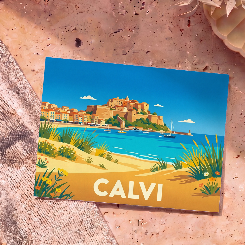 Carte postale souvenir de la ville de Calvi avec une illustration stylisée de sa citadelle en bord de mer.