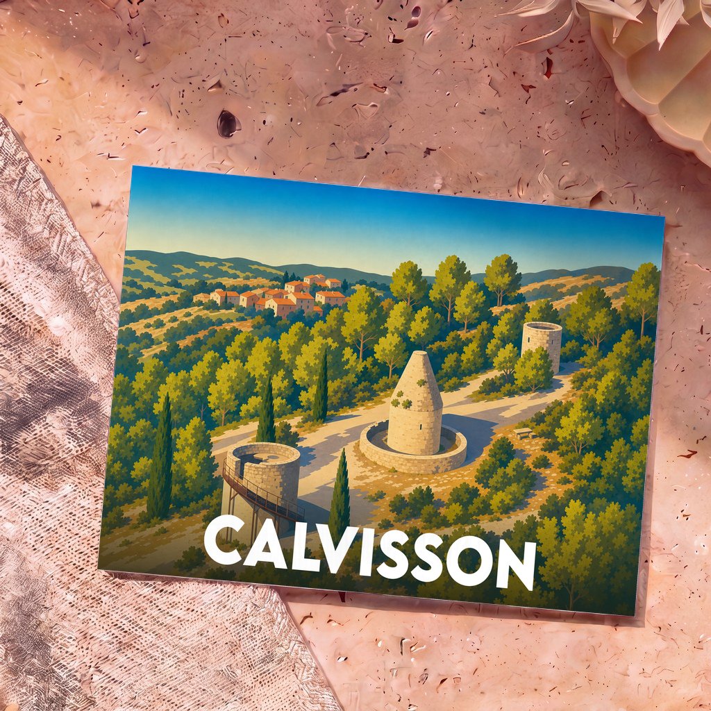 Carte postale souvenir de la ville de Calvisson avec une illustration stylisée de ses moulins et de son paysage vallonné.