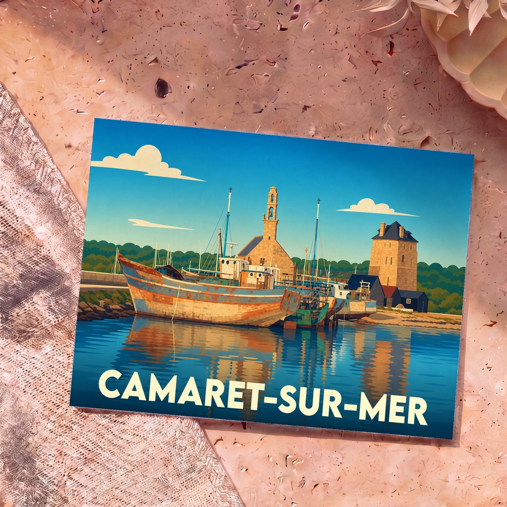 Carte postale souvenir de la ville de Camaret-sur-Mer avec une illustration stylisée de bateaux de pêche et de la tour Vauban.