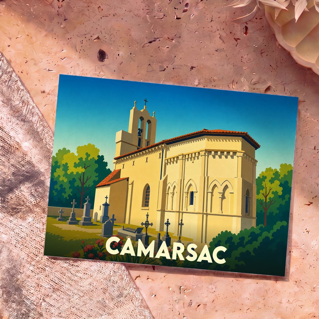Carte postale souvenir de la ville de Camarsac représentant son église et son cimetière dans un style graphique épuré.