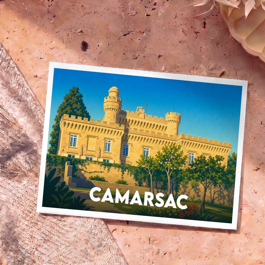 Carte postale souvenir de la ville de Camarsac avec une illustration stylisée de son château.