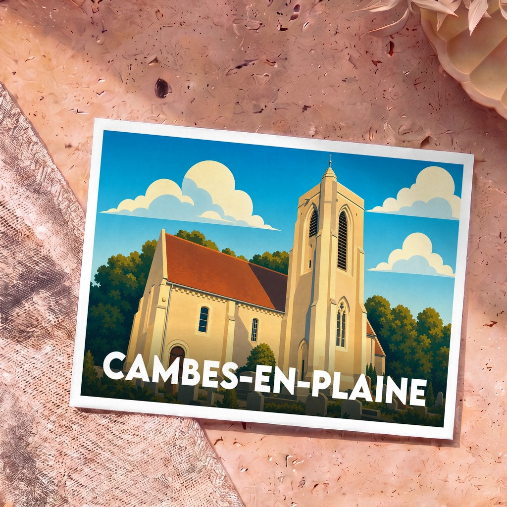 Carte postale souvenir de la ville de Cambes-en-Plaine avec une illustration stylisée de son église sous un ciel azur.