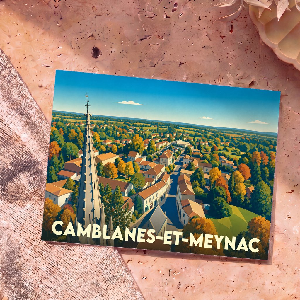 Carte postale souvenir de la ville de Camblanes-et-Meynac avec une illustration stylisée d'un clocher surplombant le village.