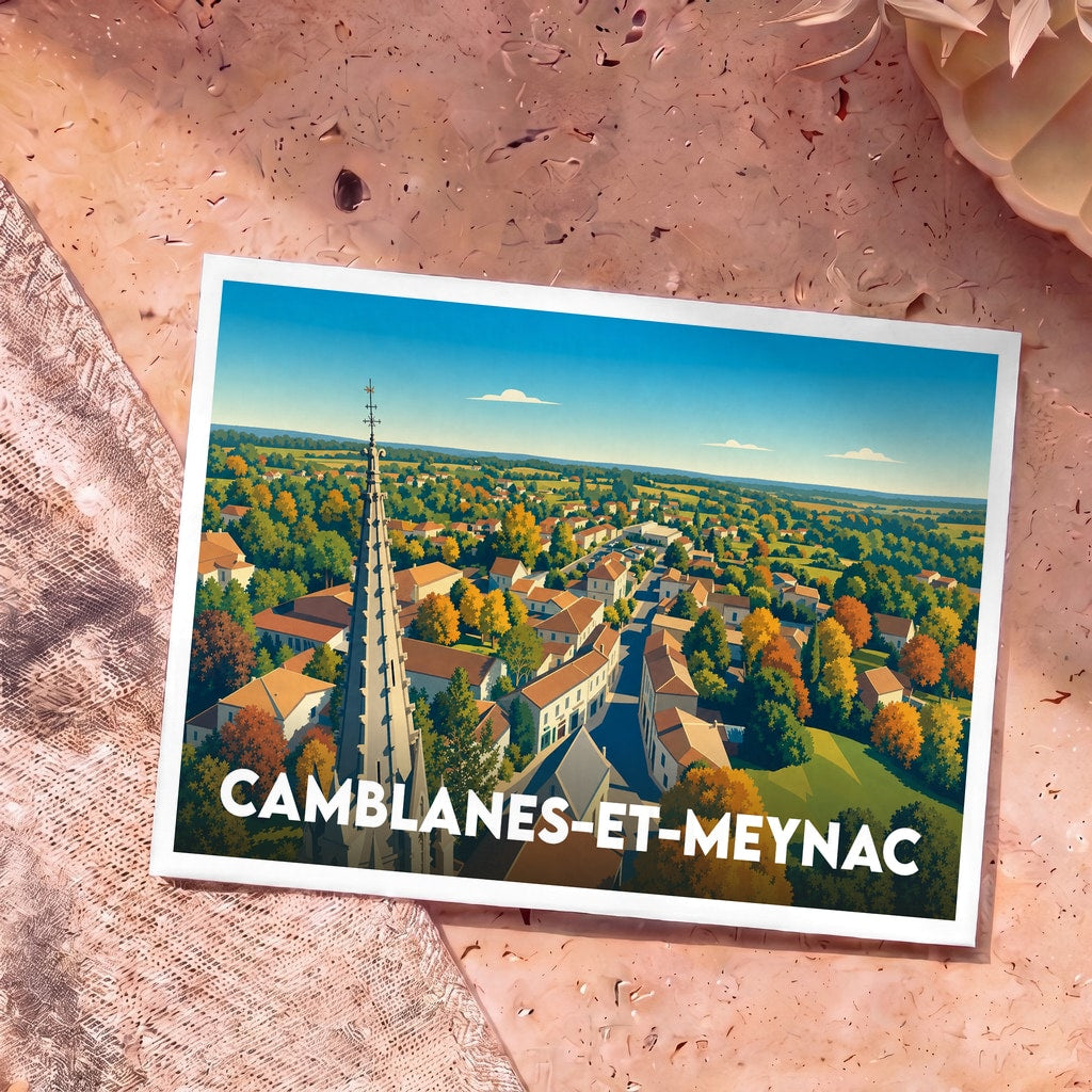 Carte postale souvenir de la ville de Camblanes-et-Meynac avec une illustration stylisée d'un clocher surplombant le village.