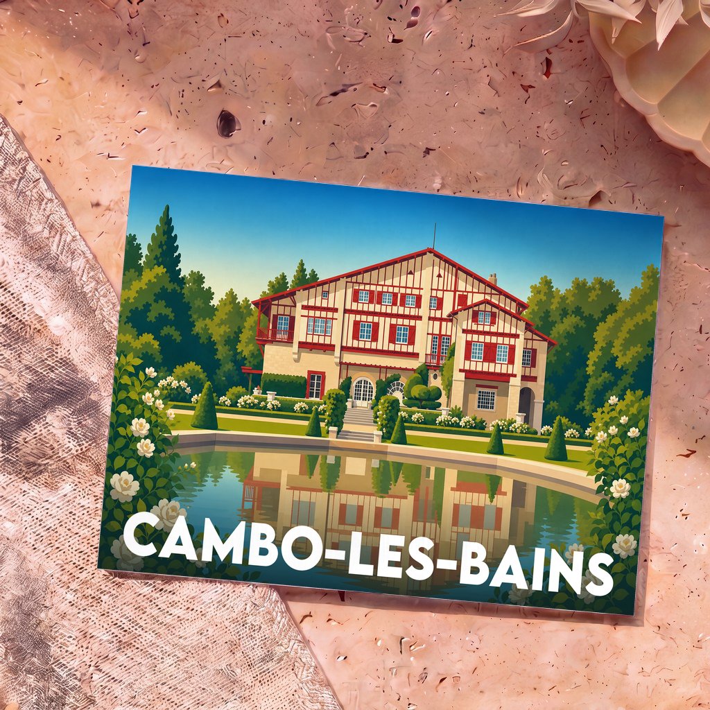 Carte postale souvenir de la ville de Cambo-les-Bains avec une illustration stylisée de la Villa Arnaga.