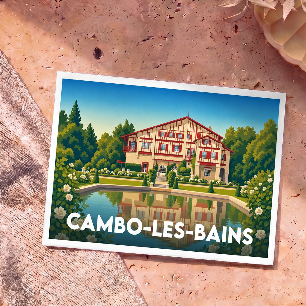 Carte postale souvenir de la ville de Cambo-les-Bains avec une illustration stylisée de la Villa Arnaga.