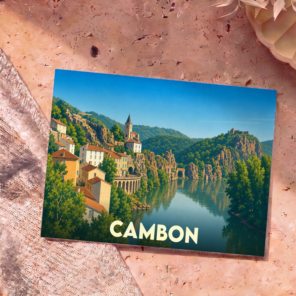 Carte postale souvenir de la ville de Cambon avec une illustration stylisée de son paysage fluvial et historique.