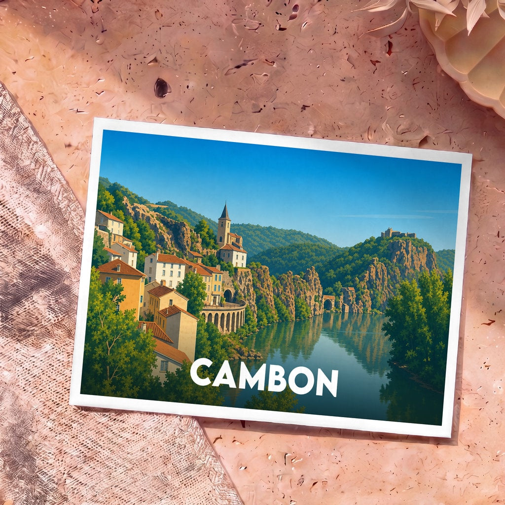 Carte postale souvenir de la ville de Cambon avec une illustration stylisée de son paysage fluvial et historique.