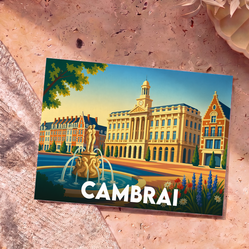 Carte postale souvenir de la ville de Cambrai avec une illustration colorée de sa place principale et d'une fontaine.