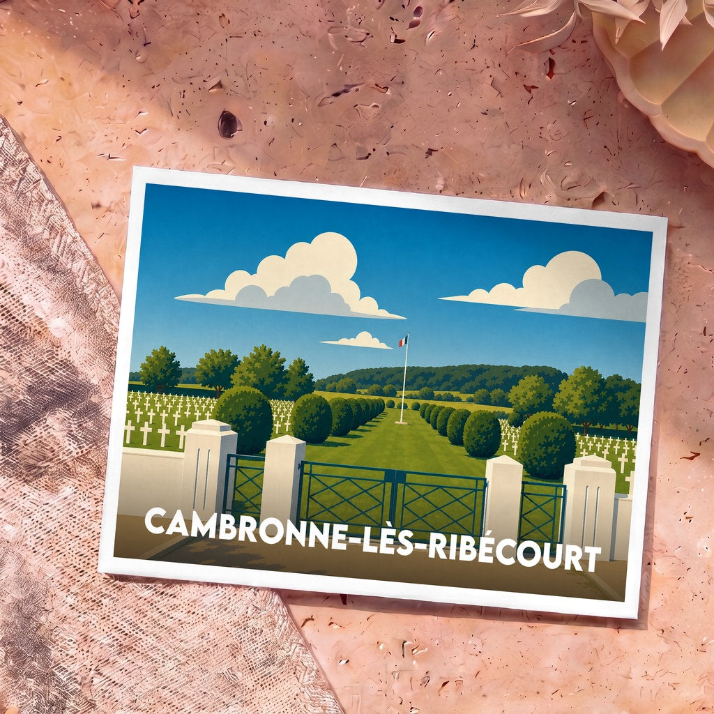 Carte postale souvenir de la ville de Cambronne-lès-Ribécourt illustrant son cimetière militaire français sous un ciel bleu.