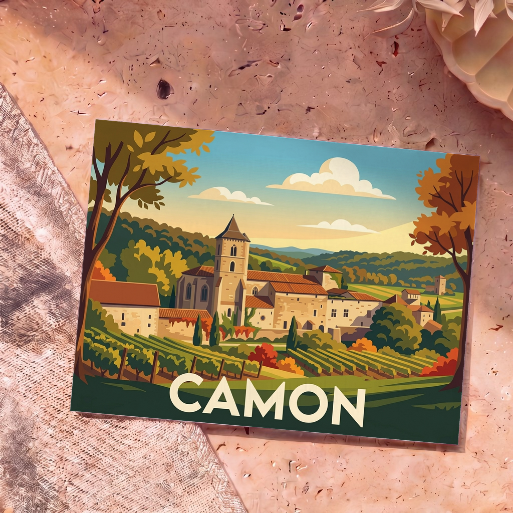Carte postale souvenir de la ville de Camon avec une illustration stylisée d'une abbaye et de vignobles.