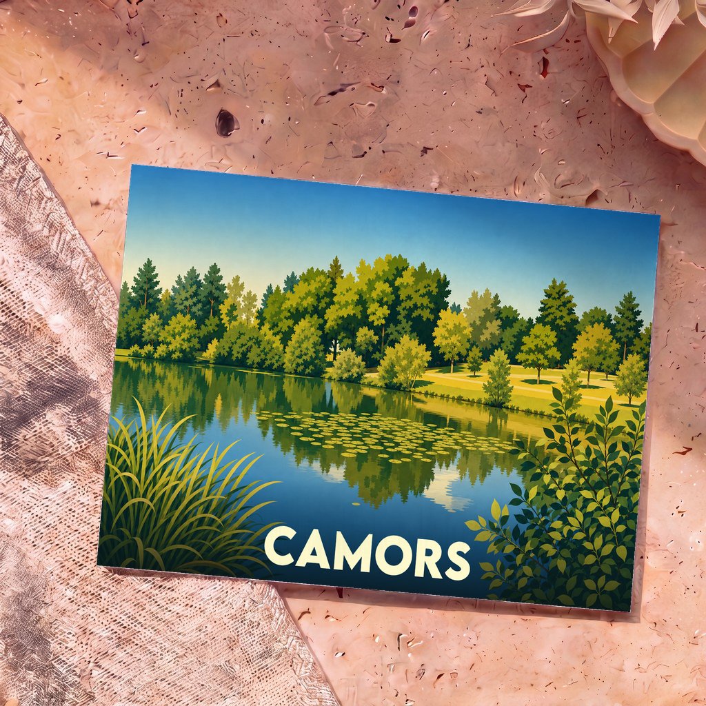 Carte postale souvenir de la ville de Camors représentant une illustration stylisée d'un étang bordé par la forêt.