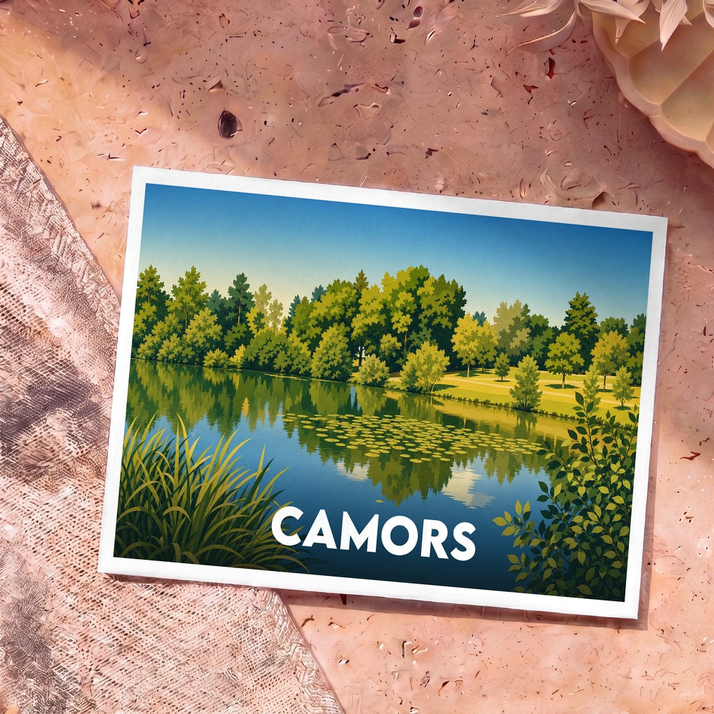 Carte postale souvenir de la ville de Camors représentant une illustration stylisée d'un étang bordé par la forêt.
