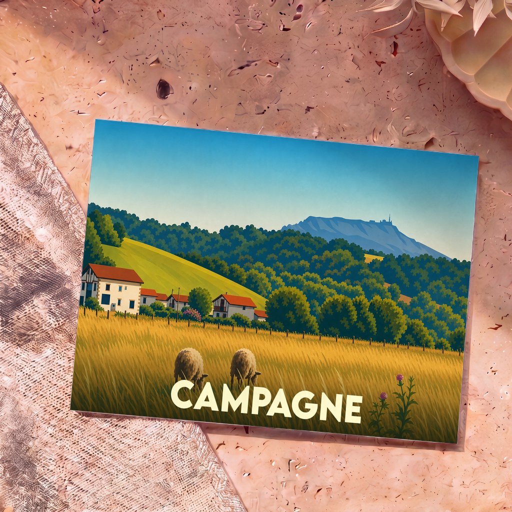 Carte postale souvenir de la ville de Campagne avec une illustration stylisée d'un village pittoresque en vue aérienne.