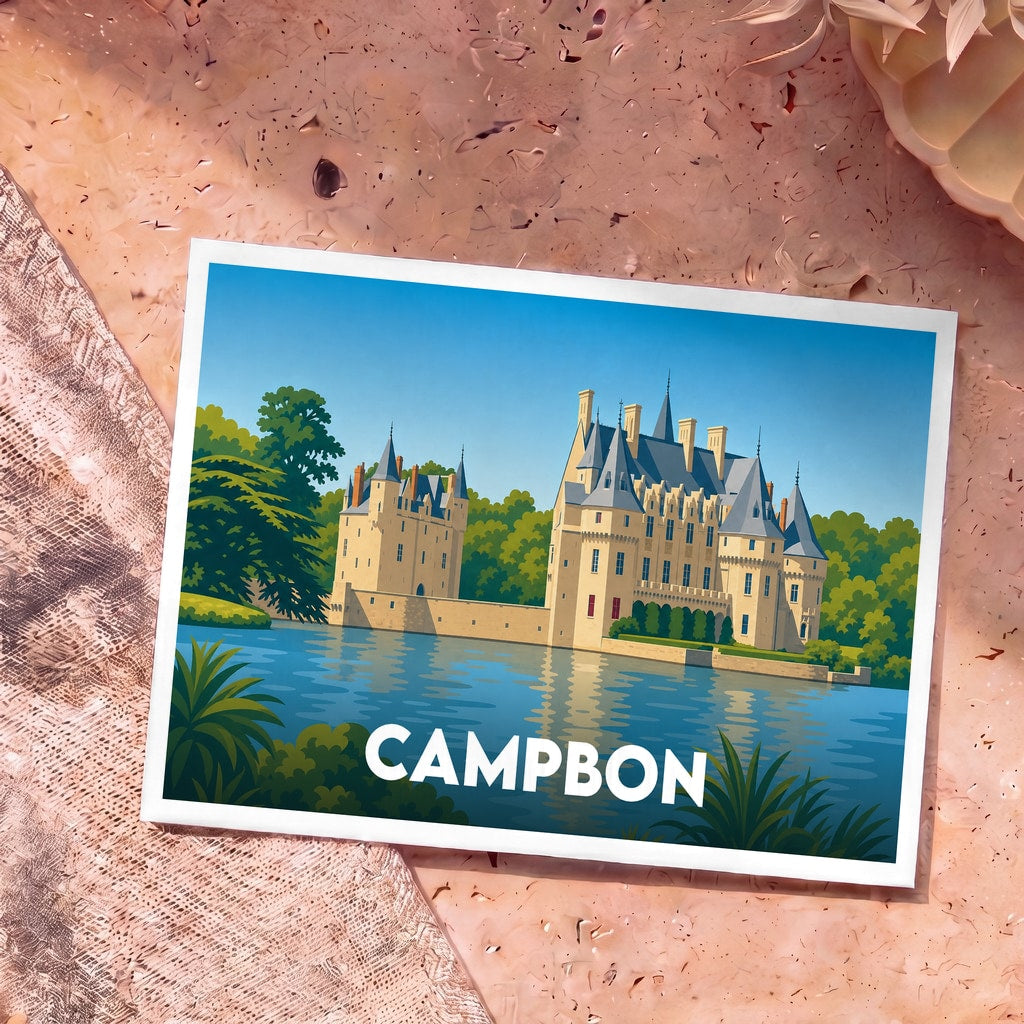 Carte postale souvenir de la ville de Campbon arborant une illustration stylisée d'un château au bord de l'eau.