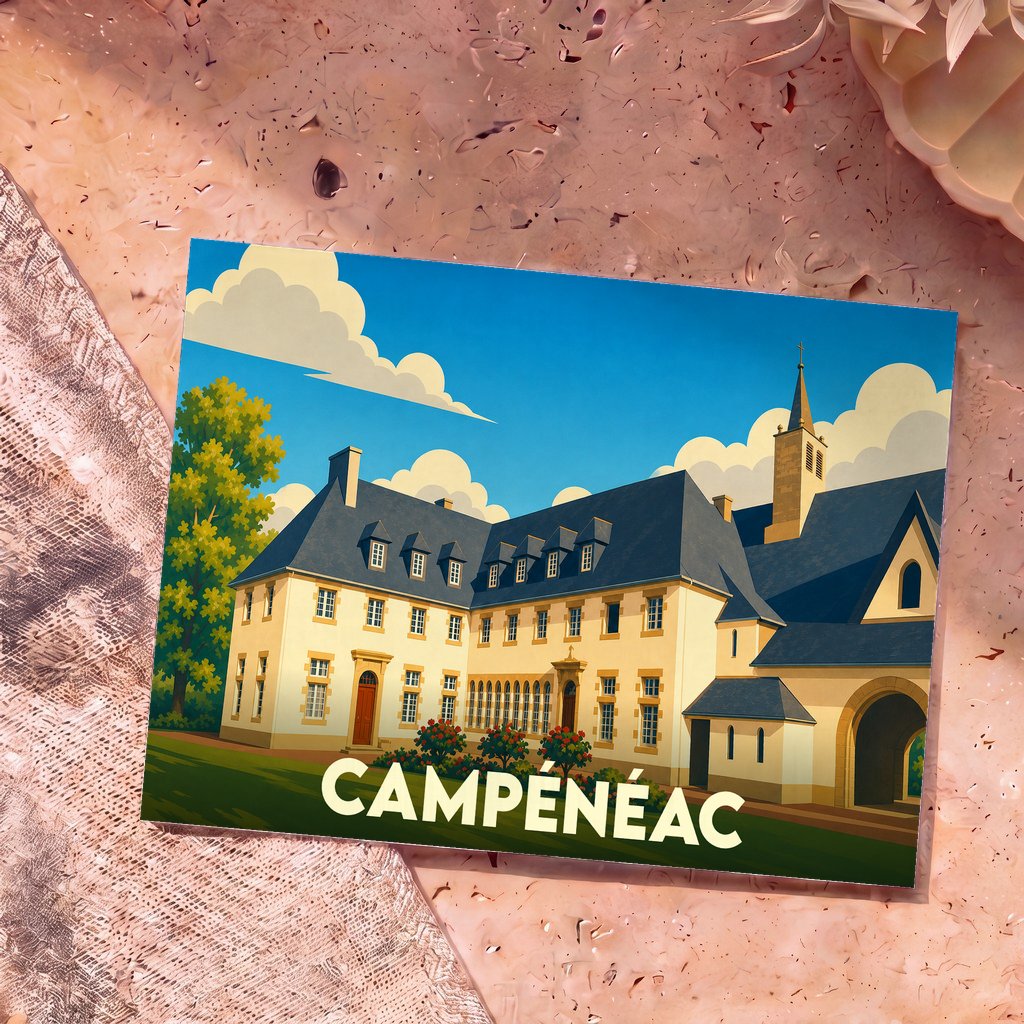 Carte postale souvenir de la ville de Campénéac avec une illustration stylisée de son architecture.