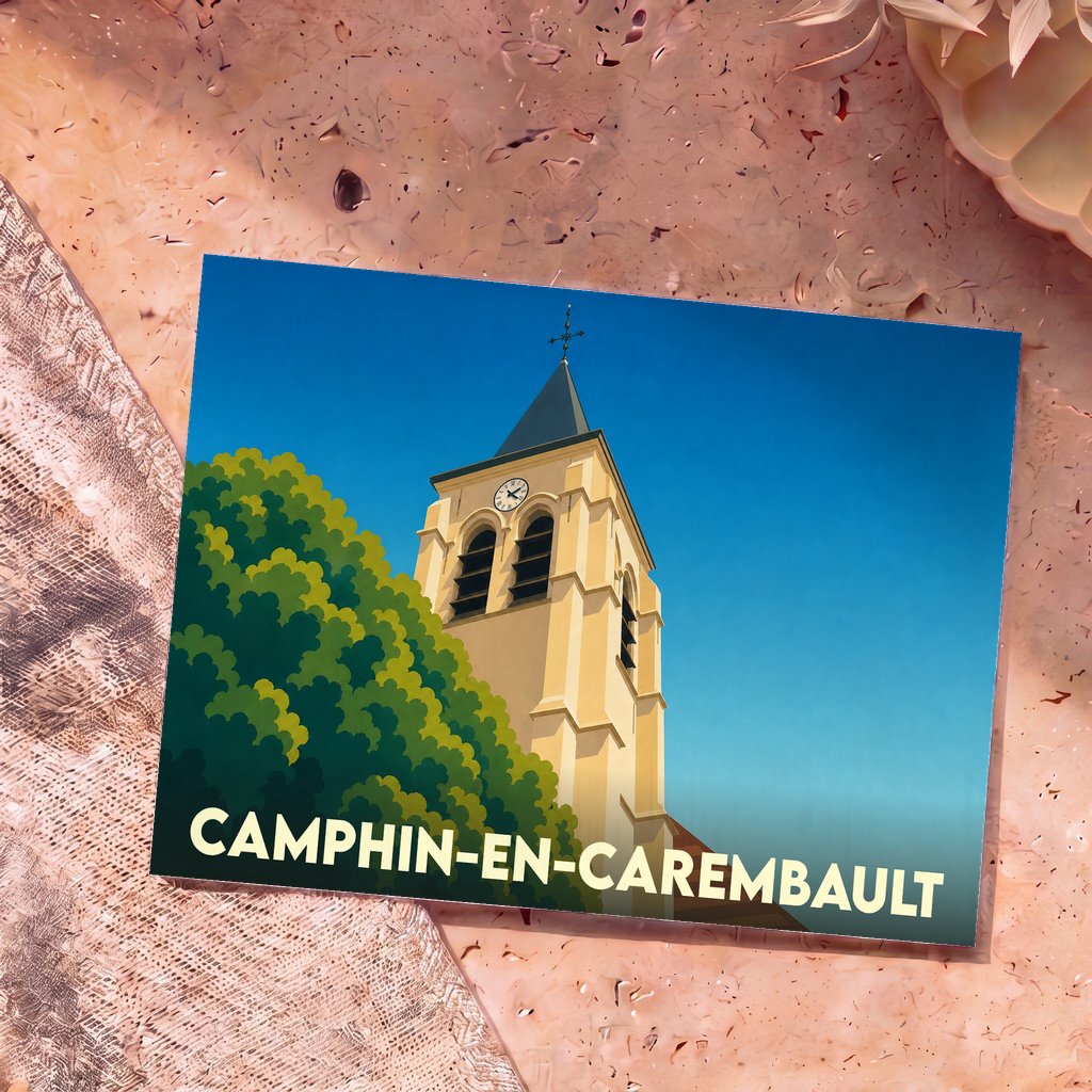 Carte postale souvenir de la ville de Camphin-en-Carembault avec une illustration stylisée de son église.