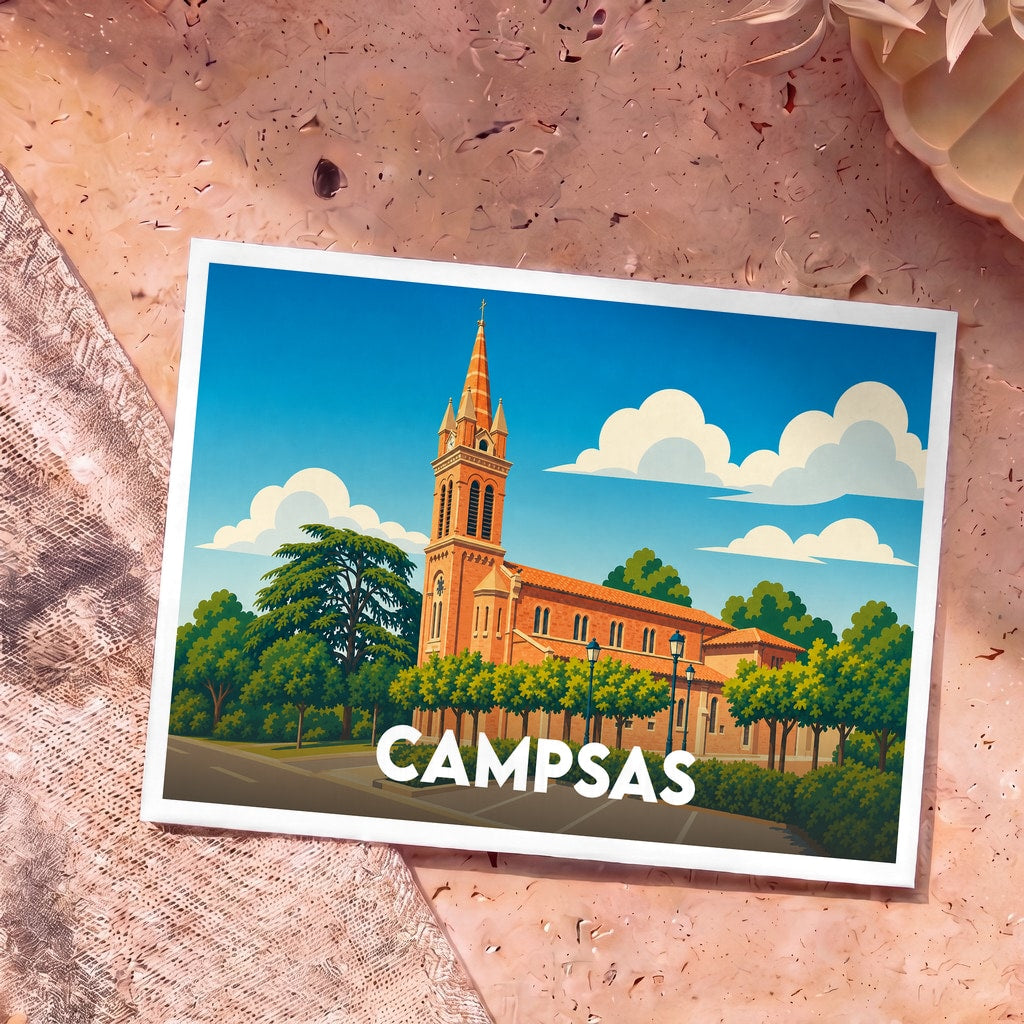 Carte postale souvenir de la ville de Campsas avec une illustration stylisée de son église sous un ciel bleu.