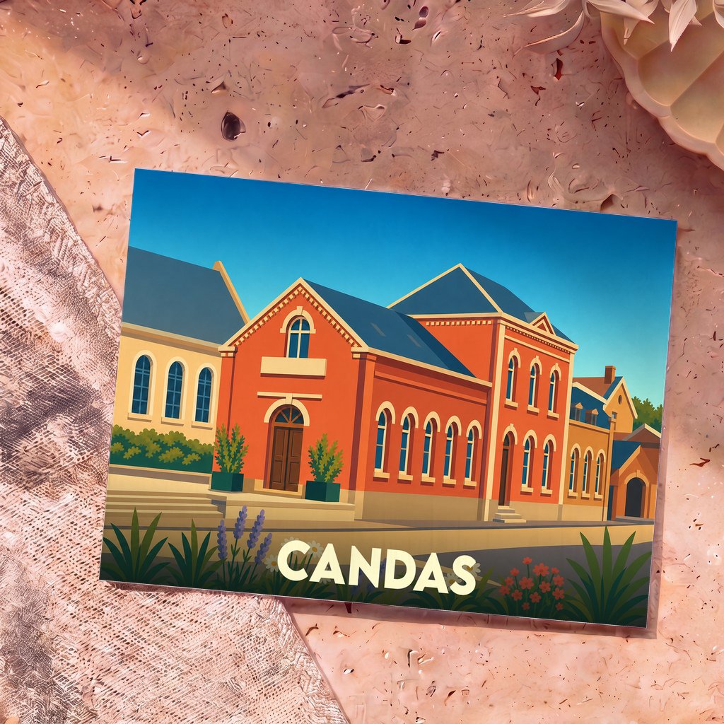 Carte postale souvenir de la ville de Candas avec une illustration stylisée et colorée de ses bâtiments emblématiques.