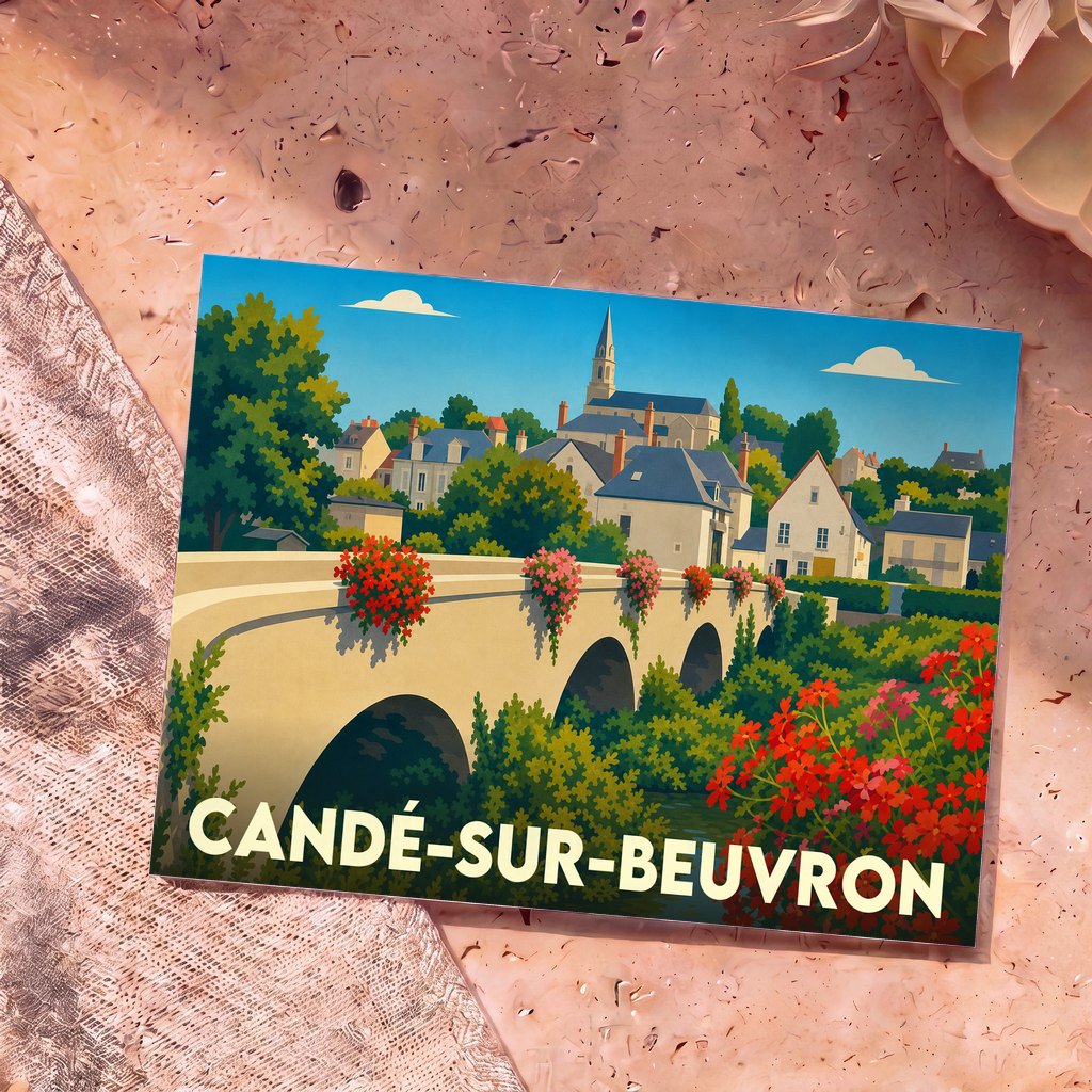 Carte postale souvenir de la ville de Candé-sur-Beuvron avec une illustration stylisée de son pont fleuri et de son église.