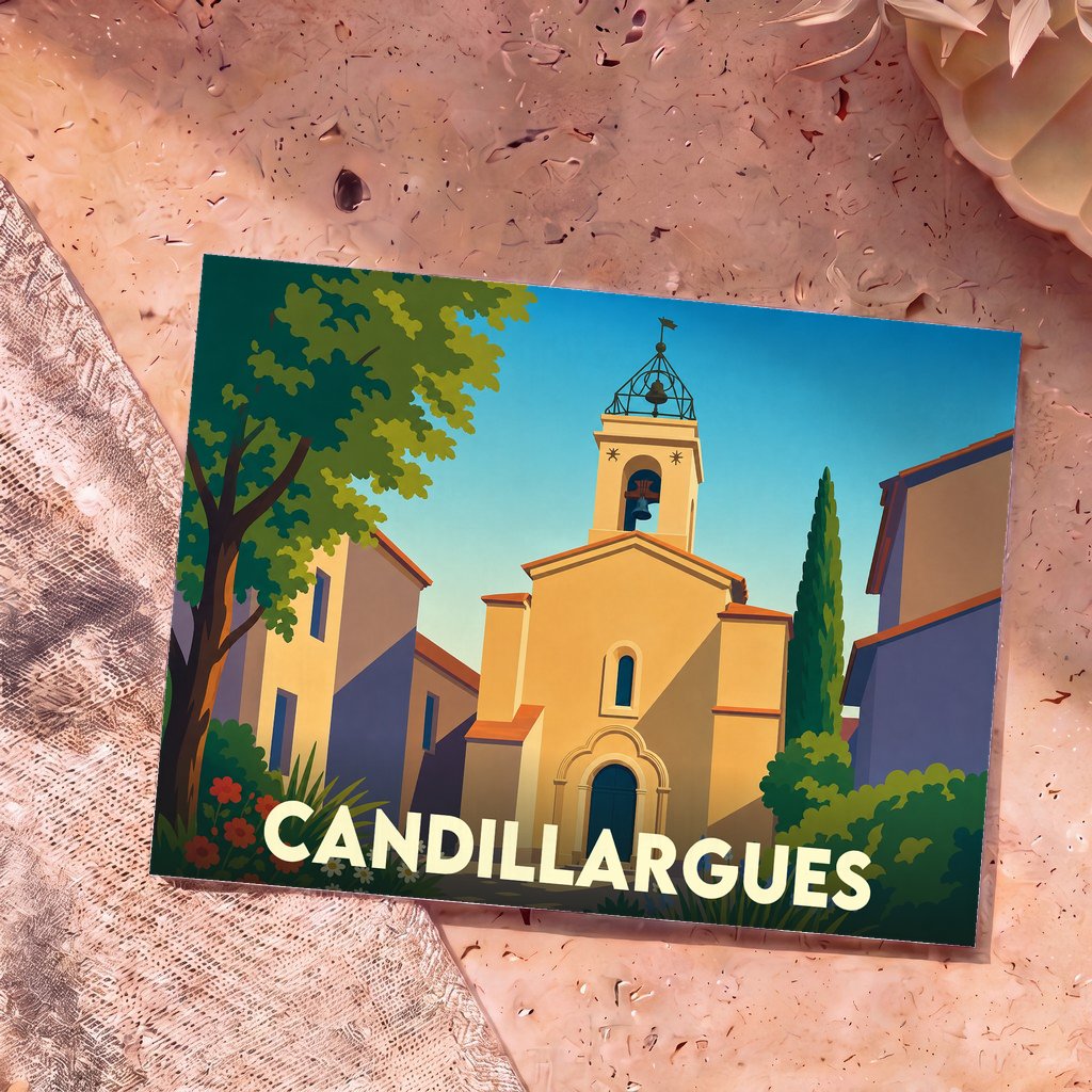 Carte postale souvenir de la ville de Candillargues avec une illustration stylisée de son église sous un ciel bleu.