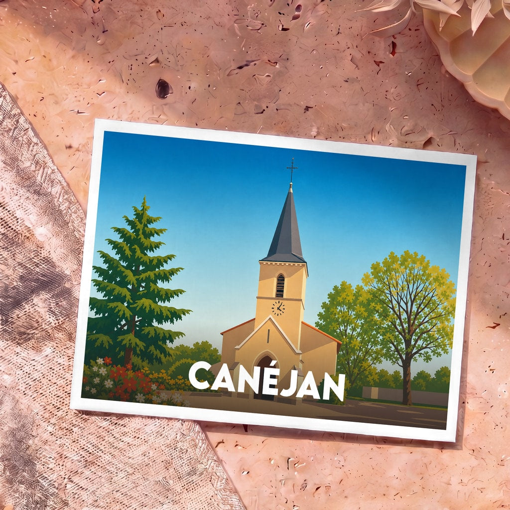 Carte postale souvenir de la ville de Canéjan avec une illustration stylisée de son église.