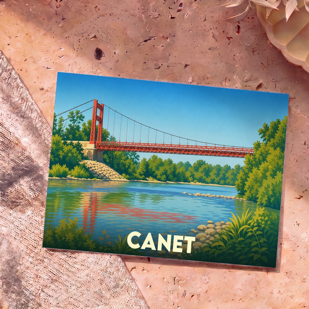 Carte postale souvenir de la ville de Canet avec une illustration stylisée d'un pont suspendu rouge au-dessus d'une rivière.