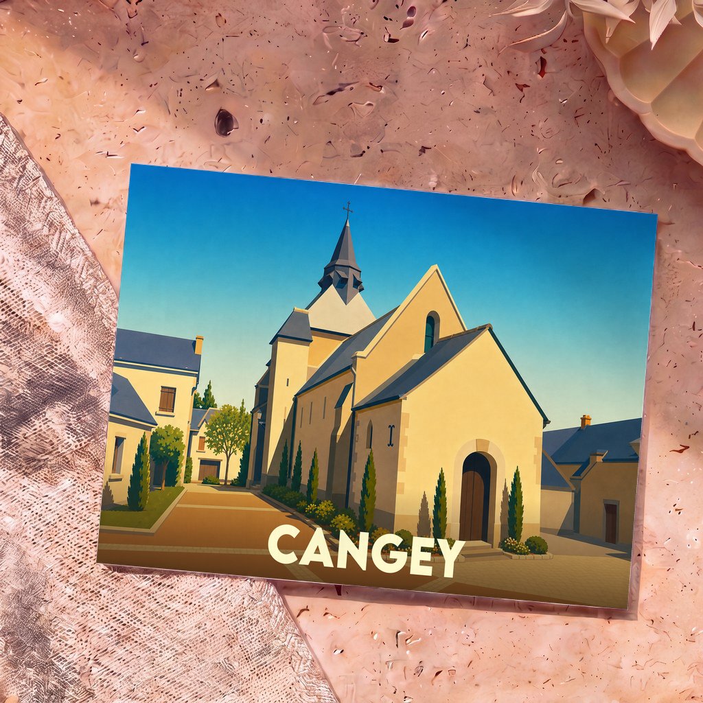 Carte postale souvenir de la ville de Cangey représentant son église dans un style illustré et coloré.