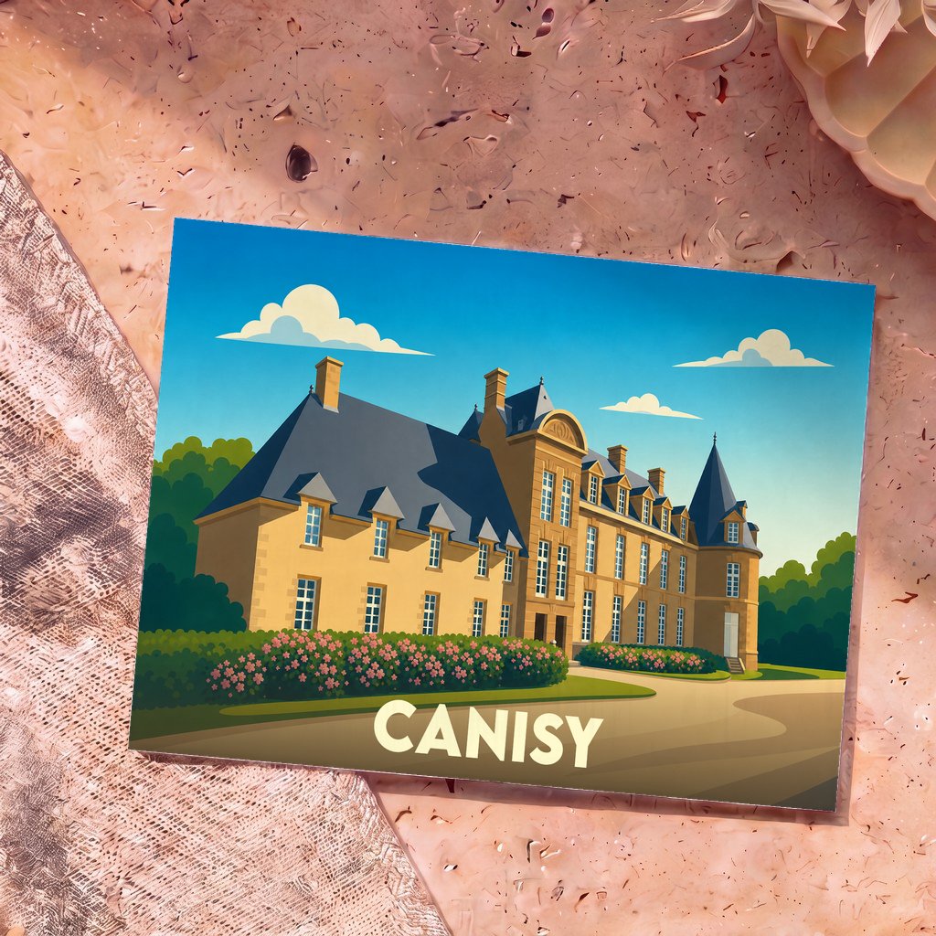 Carte postale souvenir de la ville de Canisy avec une illustration stylisée de son château.