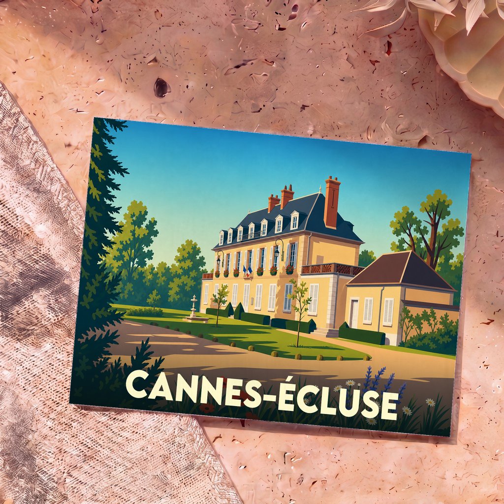 Carte postale souvenir de la ville de Cannes-Écluse illustrant une grande demeure bourgeoise dans un style graphique épuré.