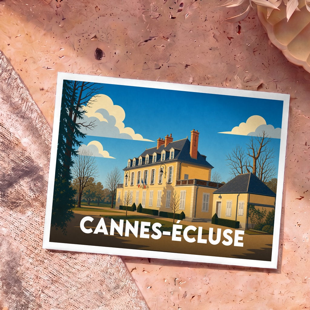 Carte postale souvenir de la ville de Cannes-Écluse illustrant une grande demeure bourgeoise dans un style graphique épuré.