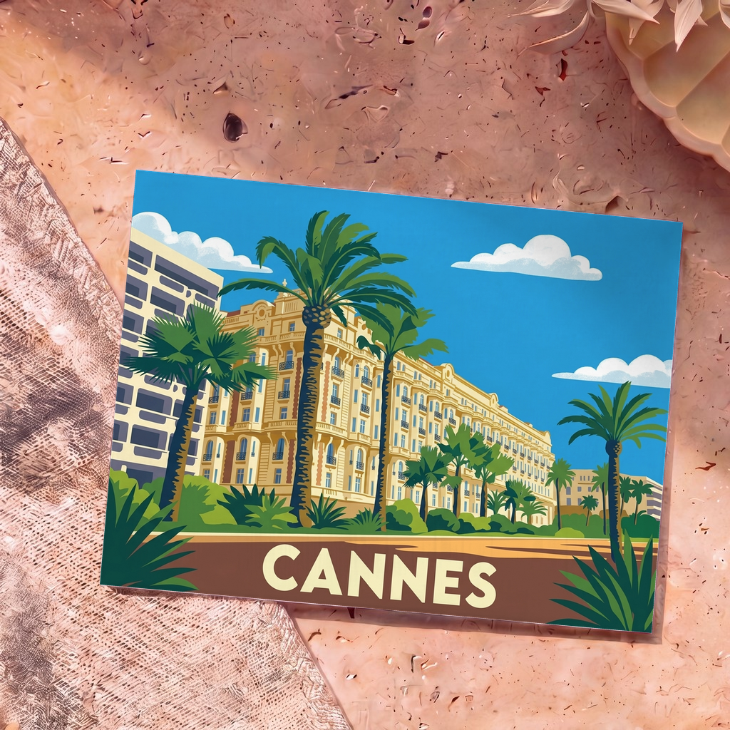 Carte postale souvenir de la ville de Cannes avec une illustration colorée et stylisée représentant des palmiers et un palace emblématique.