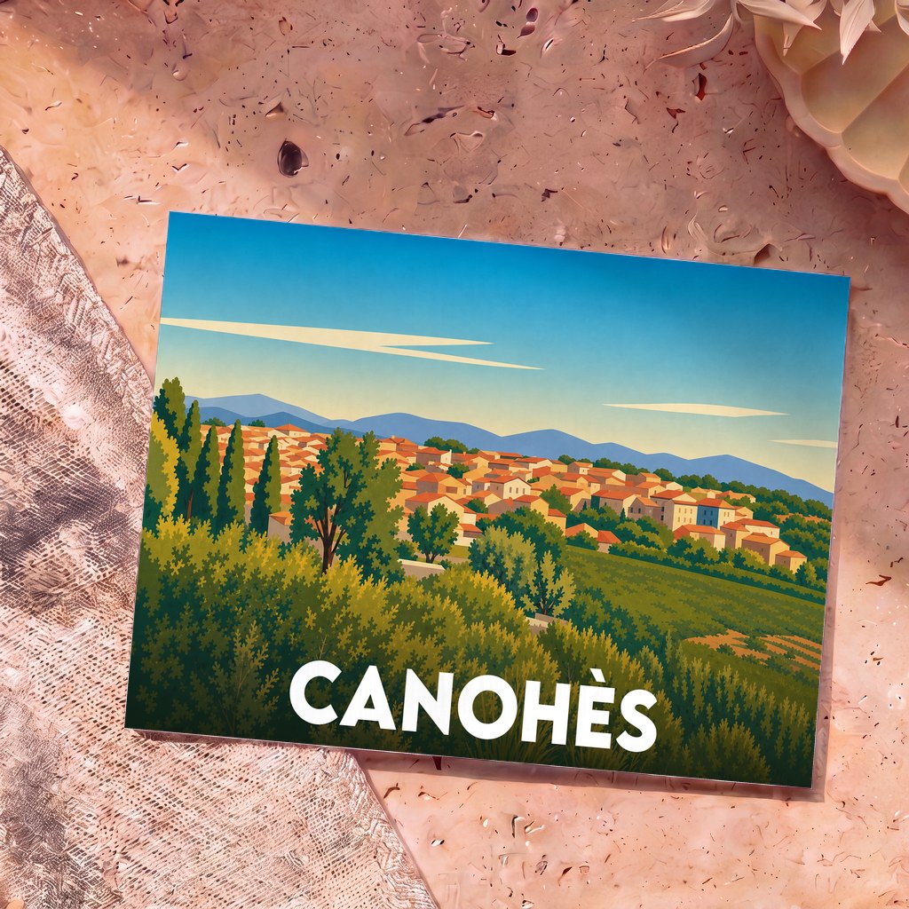 Carte postale souvenir de la ville de Canohès avec une illustration stylisée d'un paysage méditerranéen.