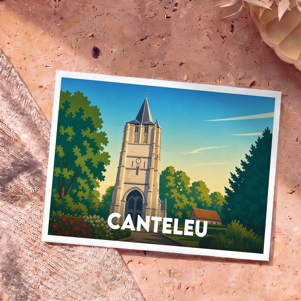 Carte postale souvenir de la ville de Canteleu avec une illustration stylisée de son église entourée de verdure.