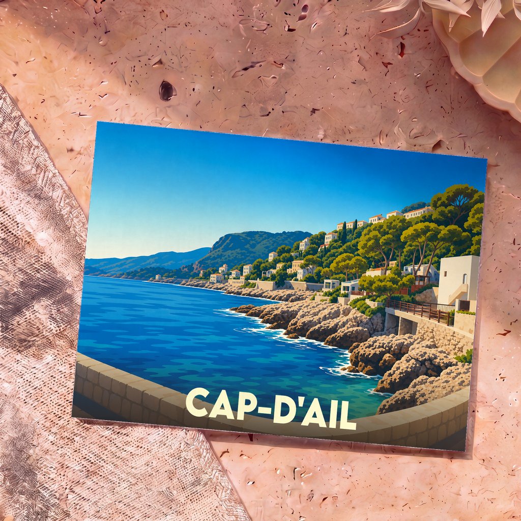 Carte postale souvenir de Cap-d'Ail illustrant son littoral escarpé et sa mer azur dans un style graphique épuré.