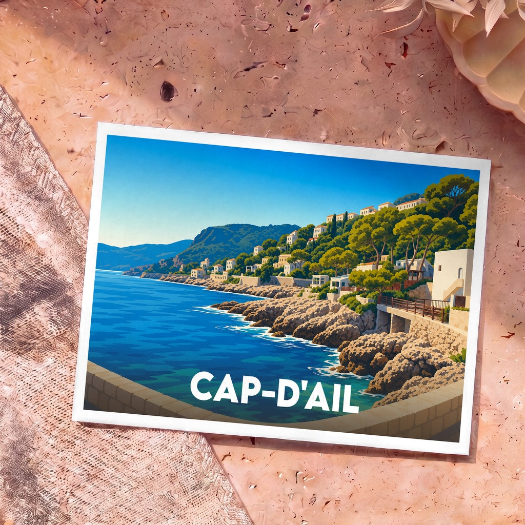 Carte postale souvenir de Cap-d'Ail illustrant son littoral escarpé et sa mer azur dans un style graphique épuré.
