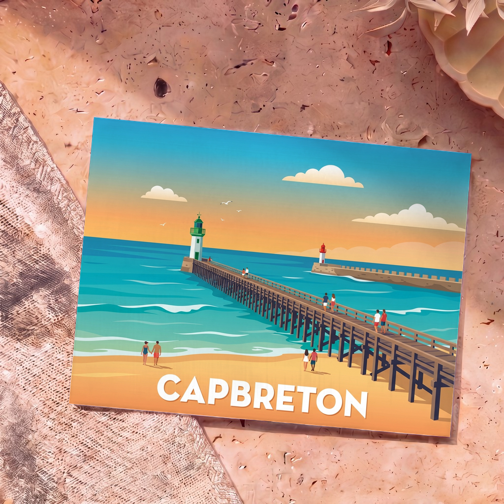 Carte postale souvenir de la ville de Capbreton avec une illustration stylisée de son estacade au coucher du soleil.